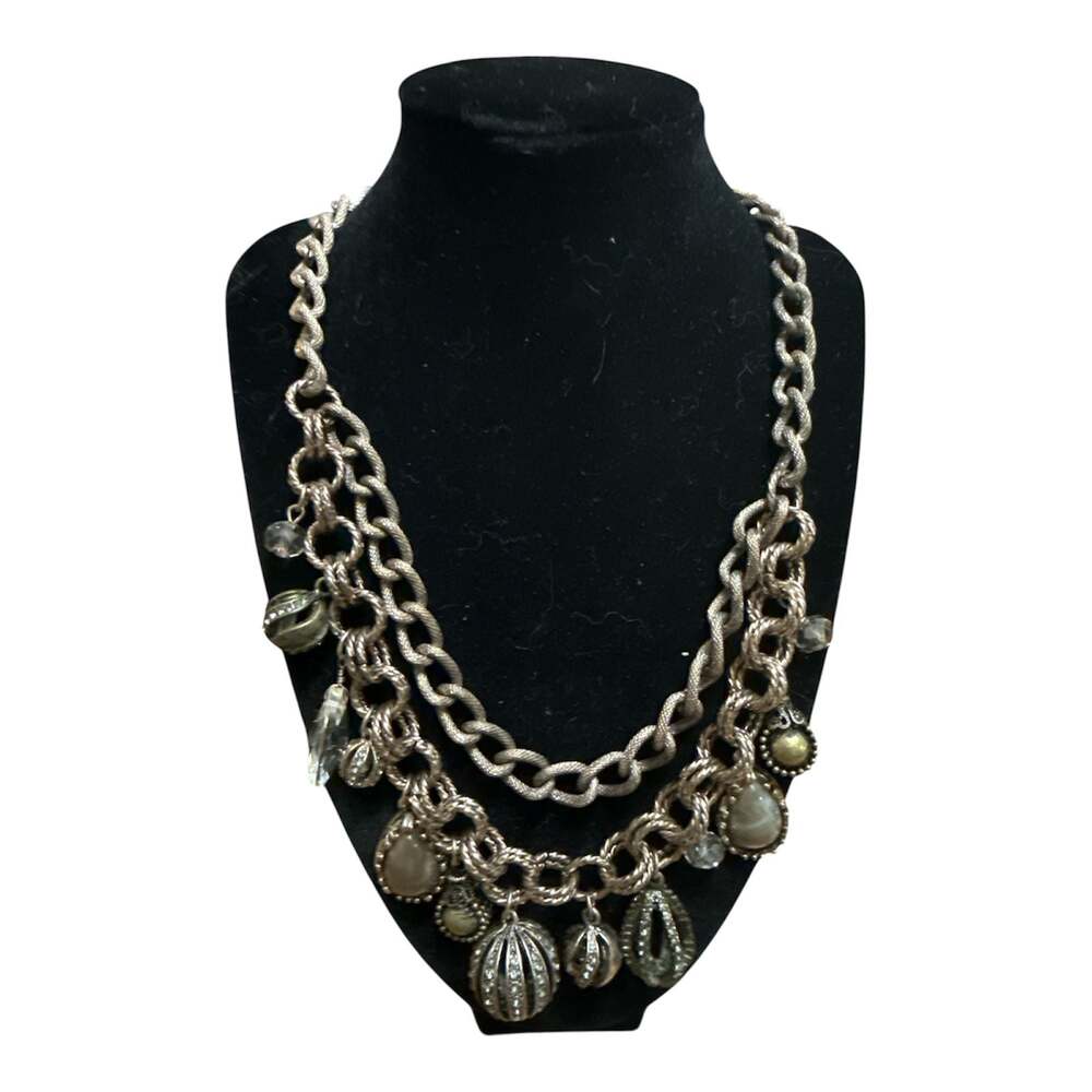 Ann Taylor LOFT Gold Tone Layered Necklace Bauble Charms Rhinestones Glass